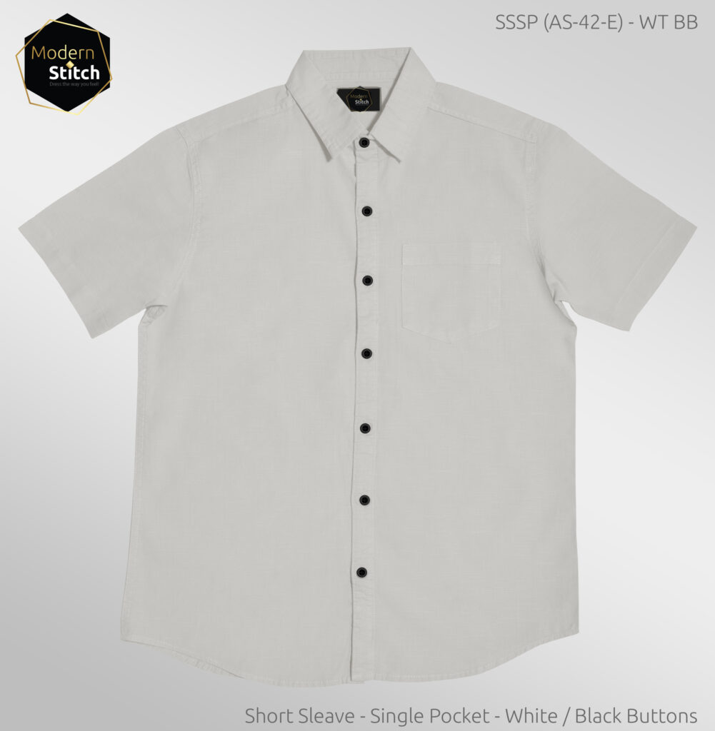 Short Sleeve Single Pocket Linen Shirt - White (White Buttons)